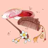 Vector chinese traditional make up tools comb hair pin hand drawn