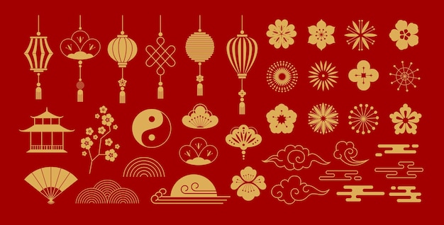 chinese traditional ornaments asian lanterns cherry blossoms yin yang symbol lotus flowers pagoda and clouds oriental lantern and fan new year festive decorations vector golden silhouette set