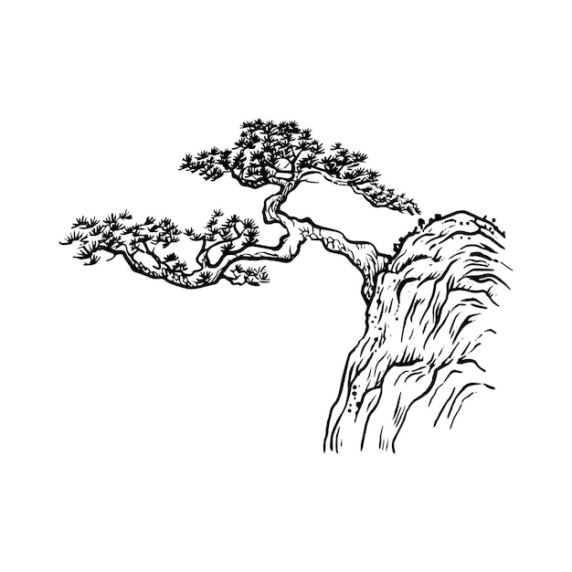 Vector chinese traditional retro ink painting pine tree