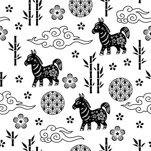 Chinese traditional Zodiac signs horse seamless pattern Oriental ornament