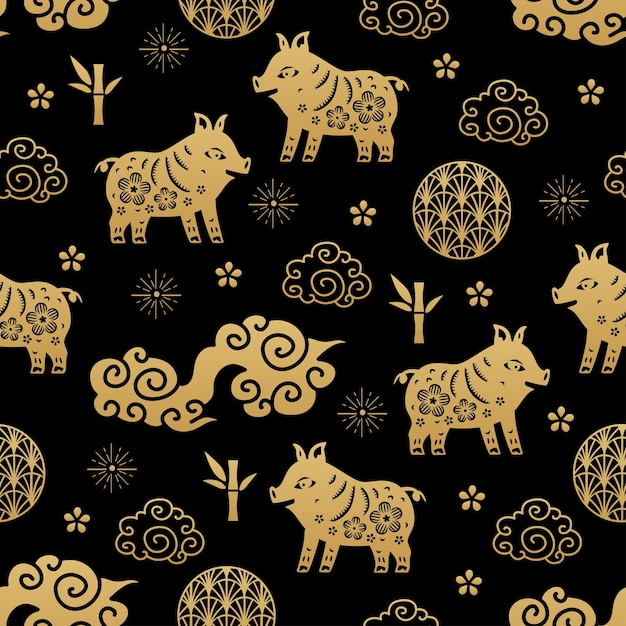 Chinese traditional Zodiac signs pig seamless pattern Oriental ornament