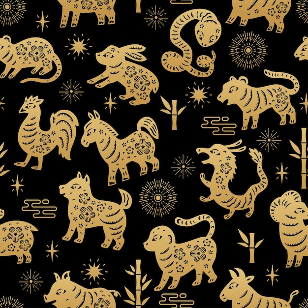 Chinese traditional Zodiac signs seamless pattern Oriental ornament background