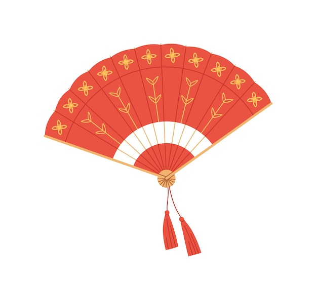 Chinese traditionele opvouwbare handventilator van rode zijde. Open opvouwbaar hand souvenir met oosters ornament en decoratieve franje. Platte vectorillustratie geïsoleerd op een witte achtergrond