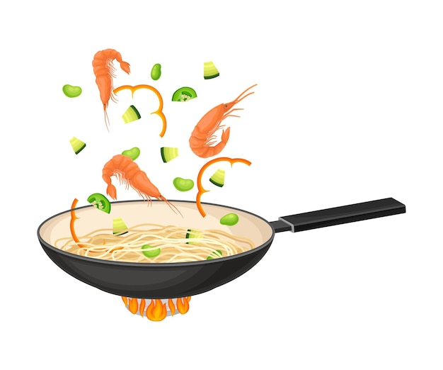 Chinese Udon Noodle Stirfrying in Wok Pan op Burner Vector Illustratie