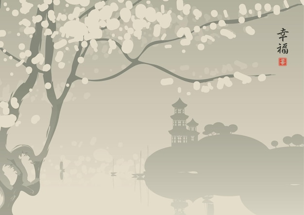 桜と湖の中国の村の風景