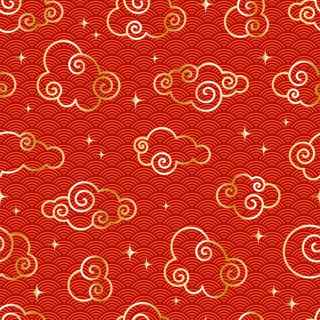 ベクトル 中国のビンテージ雲のシームレスなパターン金色の空と星の赤い背景東洋の飾り