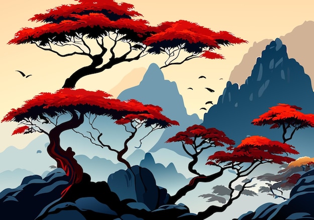 Chinese watercolor ink style mountain tree landscape