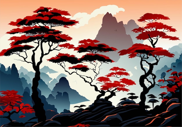 Vettore paesaggio cinese dell'albero della montagna di stile dell'inchiostro dell'acquerello