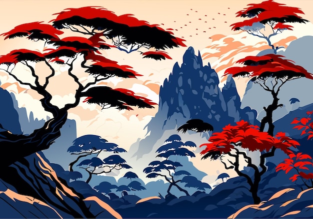 Chinese watercolor ink style mountain tree landscape