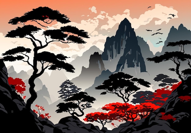 中国の水彩インク風山の木の風景