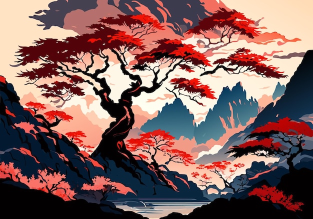 Paesaggio cinese dell'albero della montagna di stile dell'inchiostro dell'acquerello