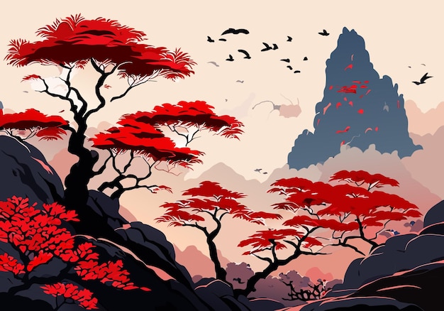 Chinese watercolor ink style mountain tree landscape