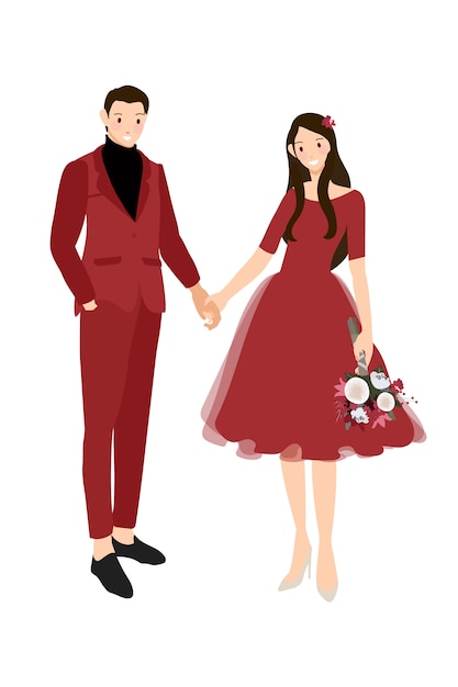 Chinese wedding couple in traditional red dress holding hands illustration