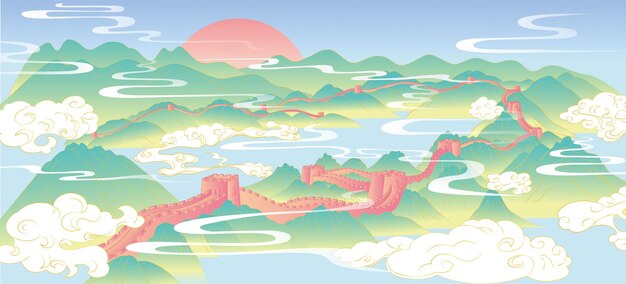 ベクトル 中国風の泉 郭川風景画 イラスト