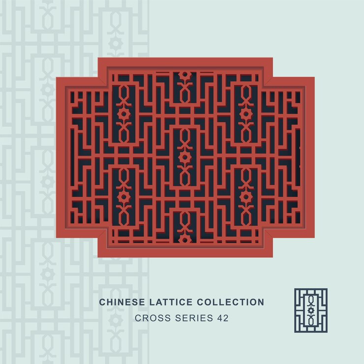 Vector chinese window tracery cross frame of rectangle flower