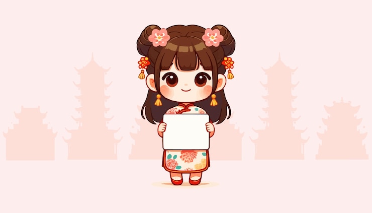 Vector chinese woman in traditional costume holds a card in her hands diaojiaolou space for text