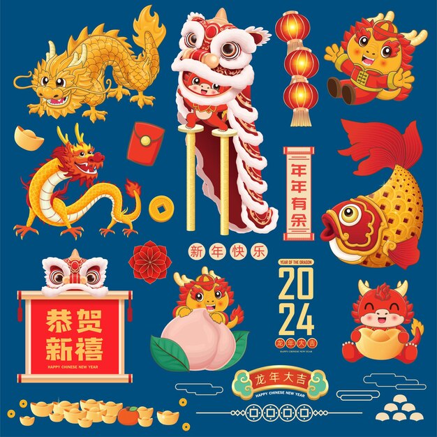 Vector chinese wording means happy new year happy lunar year surplus year after year