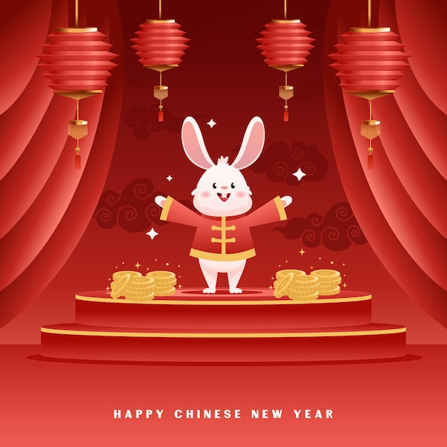 ベクトル ステージ上の多くのお金で幸せなウサギの漫画のキャラクターの中国の年