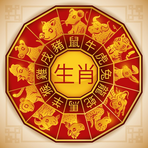 Vector chinese zodiac animals the names of the animals in golden silhouette and symbols of fortune