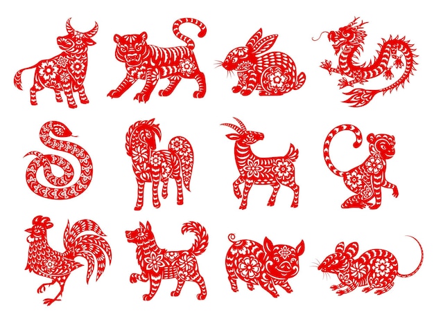 Chinese Zodiac horoscope animals, red papercut set