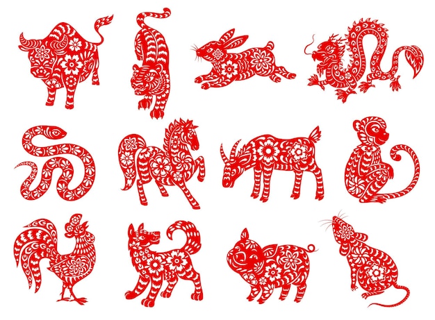 Zodiaco cinese oroscopo rosso papercut animali