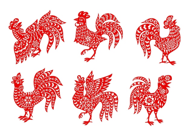 Vector chinese zodiac rooster or cock vector icons set