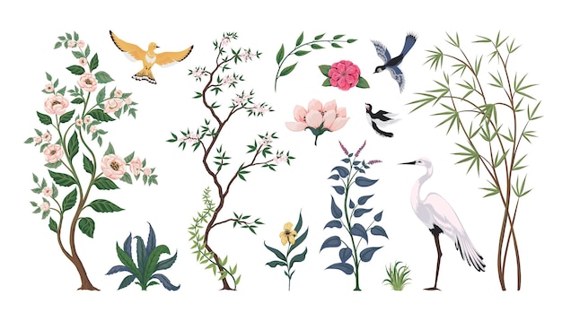 Vector chinoiserie vogels en planten traditionele oosterse japanse kunst met bladeren en reiger botanische elementen bamboe en bloemen pioen of sakura boom exotische vliegende dieren vector chinese illustratie