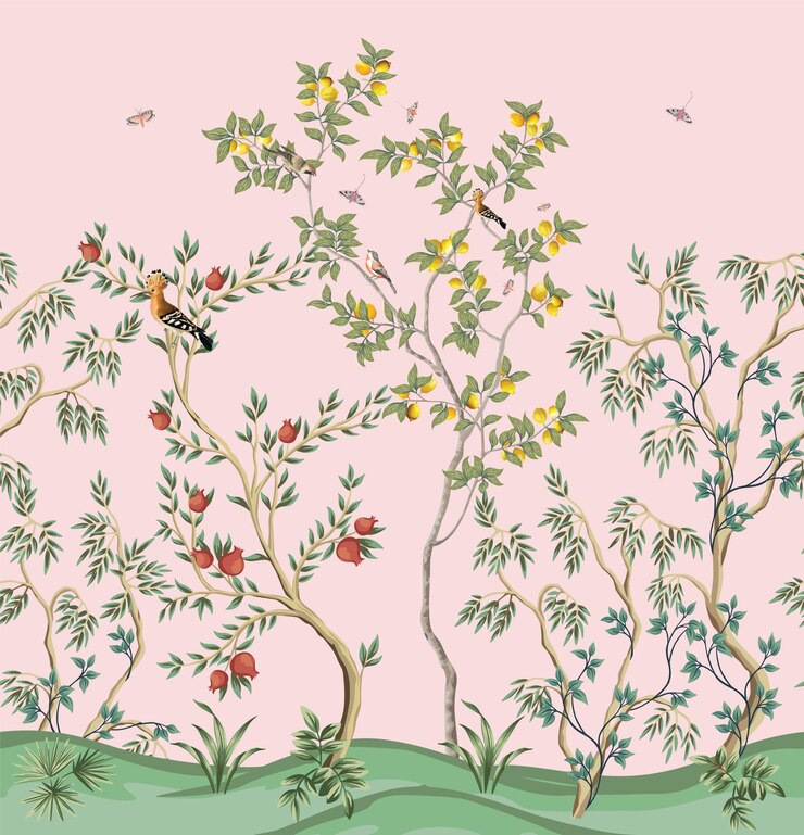 Vector chinoiseries style seamless pattern with peonies trees butterfly and birds illustration