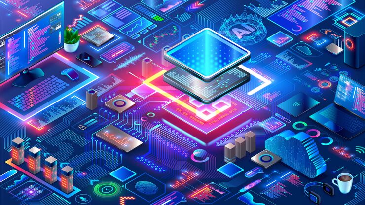 Vector chip with ai control smart devices electronics cpu industry hardware software computer technology development engineering electronics systems devices ai processor artificial intelligence