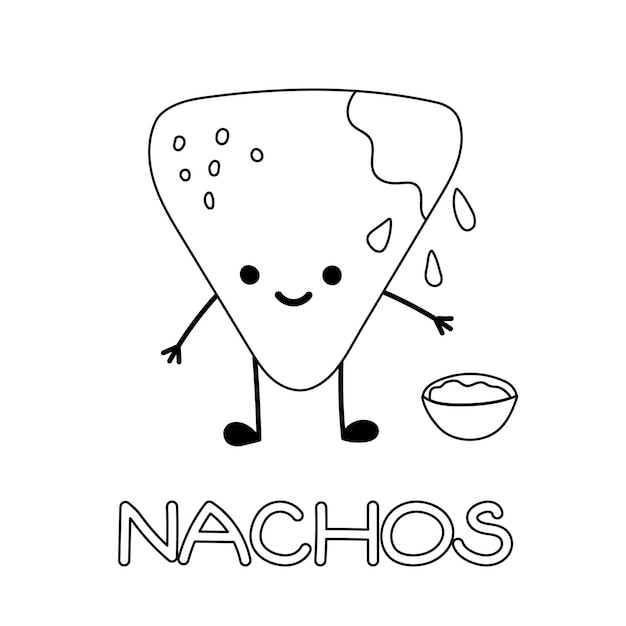 Chips nachos personaggio con una tazza di salsa di pomodoro illustrazione vettoriale piatta messicana