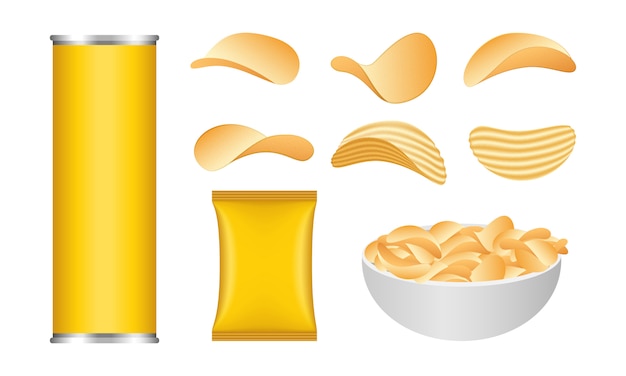 Chips potato icons set, realistic style