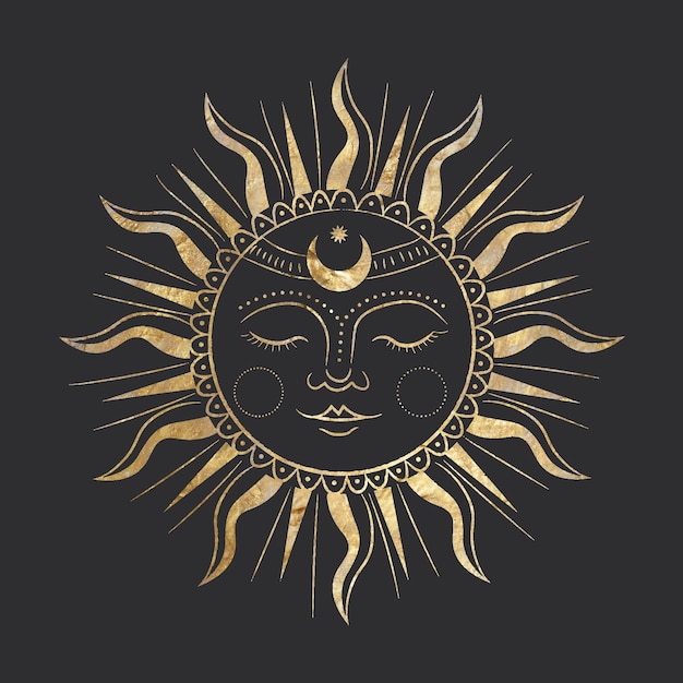 chique gouden luxe retro vintage gravure stijl. afbeelding van de zon. cultuur van accultisme. Vectorafbeeldingen