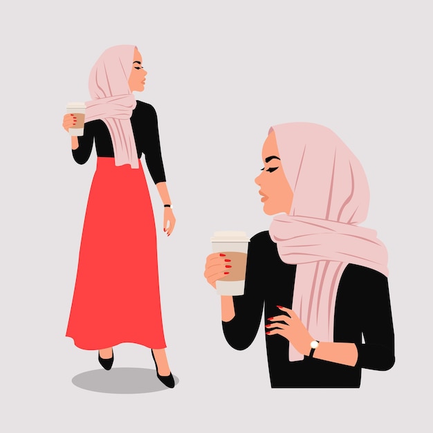 Chique moslimvrouw in hijab met een papieren kopje koffie. vlak