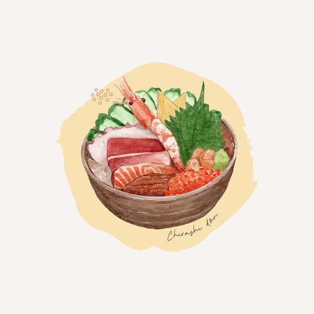 Vector chirashi don, hand draw water color vector. japanese food.