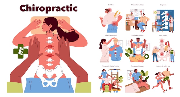 chiropractic illustration showcasing various aspects of treatment including patient examination