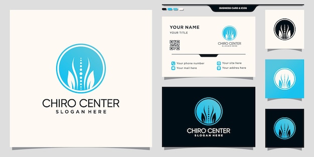 Chiropractisch centrumlogo met negatief ruimtecirkelconcept en visitekaartjeontwerp Premium Vector