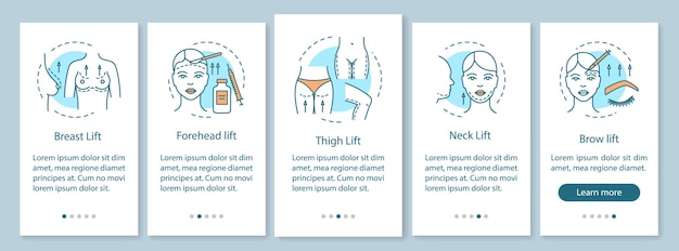 Vector chirurgische liftprocedure onboarding mobiele app paginascherm met lineaire concepten. vijf walkthrough stappen grafische instructies. ux, ui, gui vectorsjabloon met illustraties