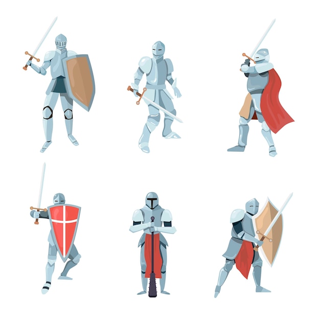 Vector chivalry cartoon illustration set. knights or medieval fighters, soldiers in different poses during battle or fight. man characters in armor with shields