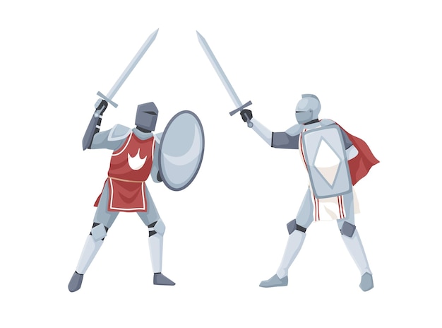 Vector chivalry tournament. two medieval knights in armor fighting with swords. warriors holding shields in war battle. flat vector illustration with fighters isolated on white background.