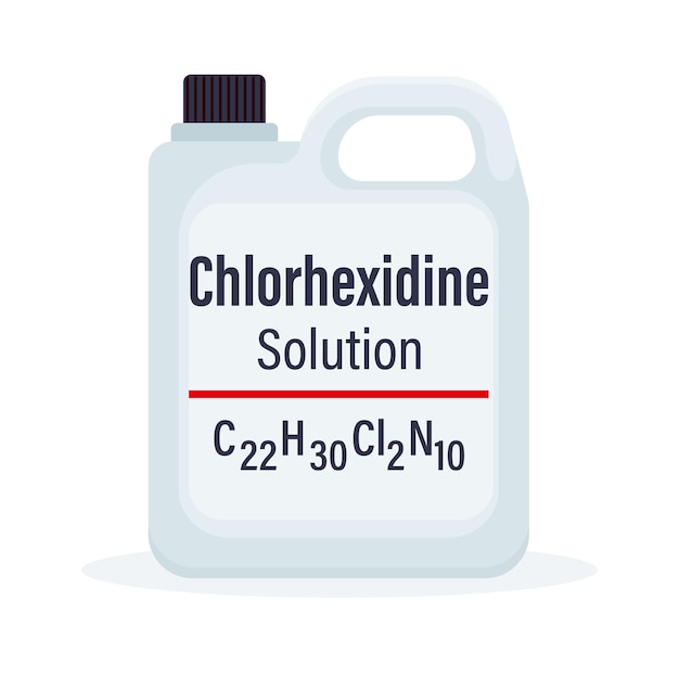 Vettore soluzione di clorexidina in grande bottiglia di plastica bianca con formula vettoriale illustrazione isolata su sfondo bianco