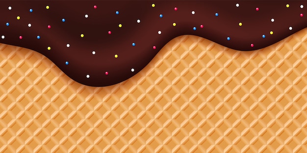 Vector choco glazuur wafel zoete druipende choco vloeistof met kleurrijke bonbons dessert vector achtergrond