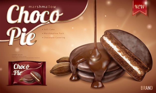 Choco pie ads with dripping chocolate syrup and foil package template in 3d illustration on glitter brown background