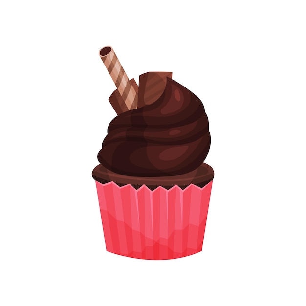 Chocolade cupcake met wafel stok cartoon vector illustratie op een witte background