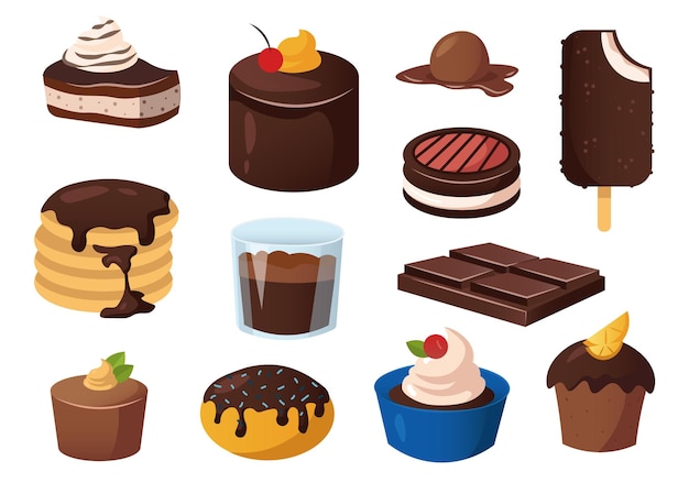 Vector chocolade desserts in platte cartoon ontwerp dit verleidelijke en kleurrijke assortiment van chocolade