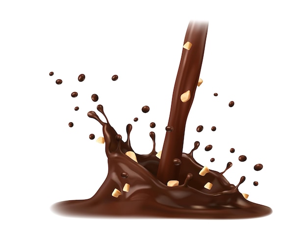 Chocolade en koffie melk corona splash stroom met gemalen pinda's vector bruine stroom met splatters kroon vloeistof spatten swirl met druppels realistische 3d-dynamische gieten choco promo advertentie