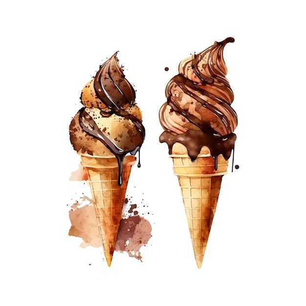 Chocolade-ijs wafel kegel aquarel tekening geïsoleerd op witte Vector