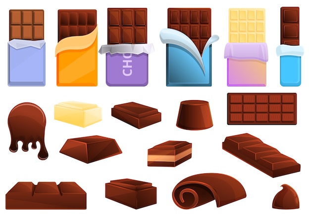 Chocolade pictogrammen instellen. Cartoon set van chocolade iconen voor web