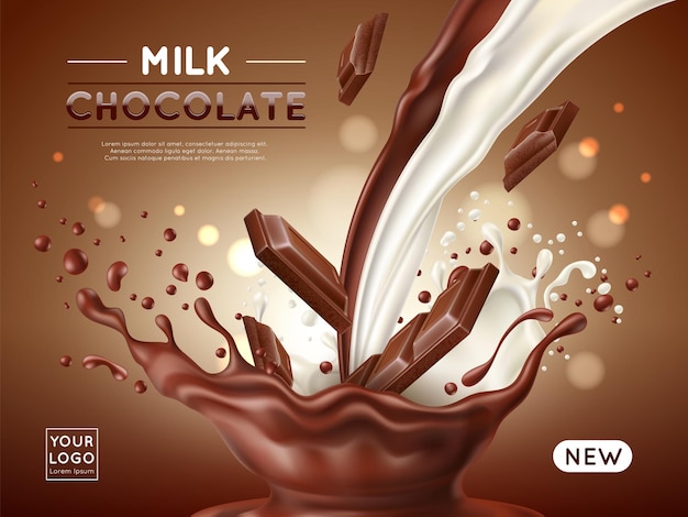 Chocolade poster Realistische melk en cacao stromen zoete natuurlijke product reclame banner woestijn voedsel donkere en witte splash promotionele flyer sjabloon utter vector 3d concept.
