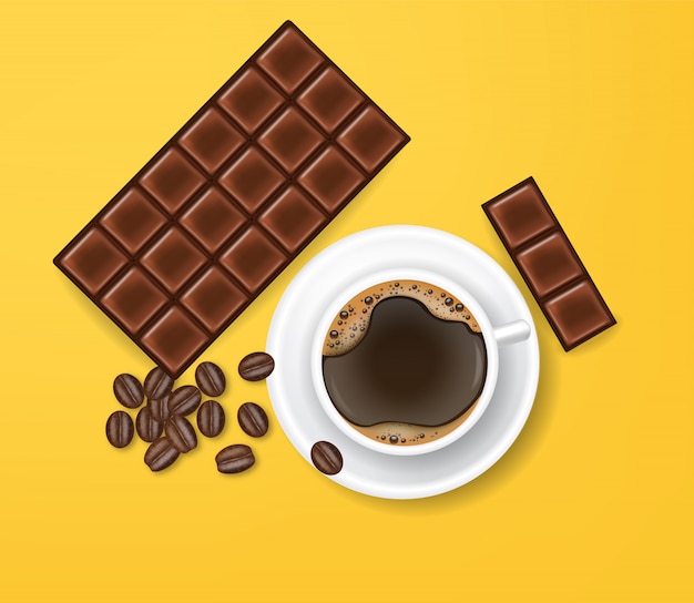 Chocolade realistische en zwarte koffie, gele achtergrond