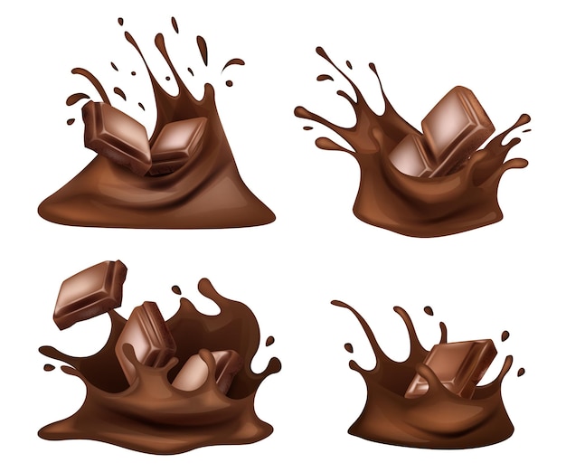 Chocolade scherven d realistische vector set horizontale en verticale splash van chocolade